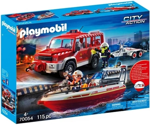 Feuerwehrfahrzeug mit Löschboot