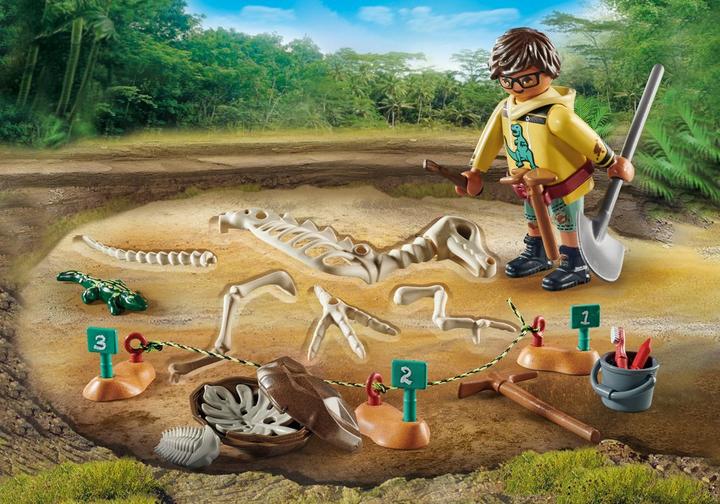 Archaeological dig with dinosaur skeleton